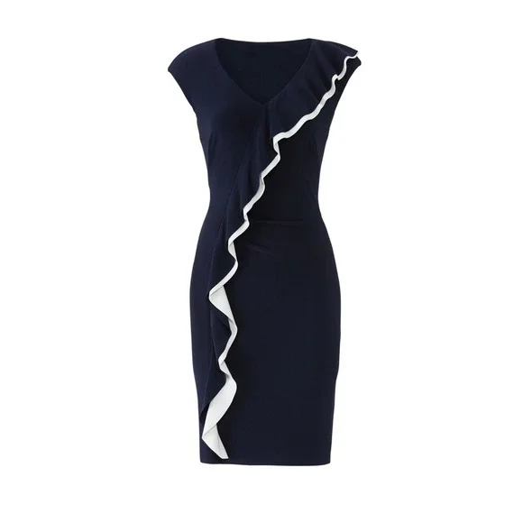 NWT Lauren Ralph Lauren Women Navy/White Midge‎ Two Tone Ruffle Sheath Dress sz6 - Picture 4 of 9